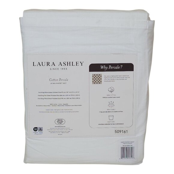 Laura Ashley King Cotton Percale Sheet Set White Embroidered Pink Hearts - Picture 2 of 5